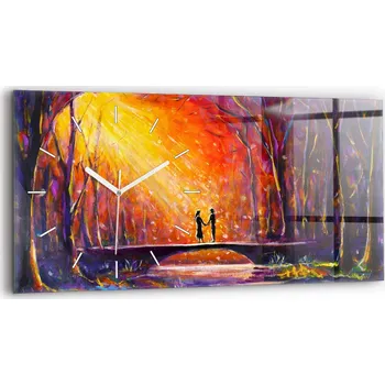 Hodiny Moderní skleněné nástěnné hodiny s potiskem horizontální 60x30 cm Pár v lese
