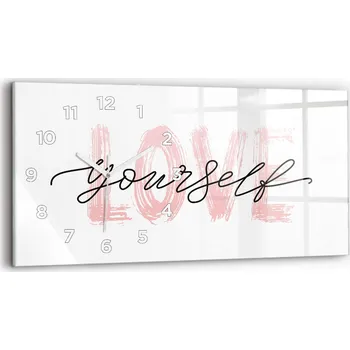 Hodiny Moderní skleněné nástěnné hodiny s potiskem 60x30 cm Nápis miluj sám sebe
