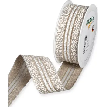 Stuha Potištěná pruhovaná stuha s květinovým ornamentem hnědá 35mm x 15m