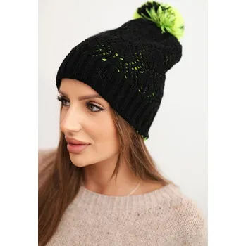 Čepice Dámská zimní čepice s vlnou v ozdobném pletení s bambulí K467 černá UNI