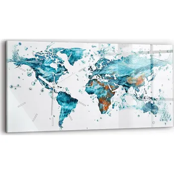 Hodiny Minimalistické skleněné nástěnné hodiny s motivem vodní mapy světa 60x30 cm