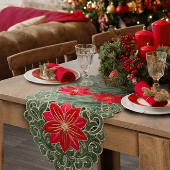 Vyšívaný vánoční běhoun na stůl 35x180 cm zelený s vánočními růžemi