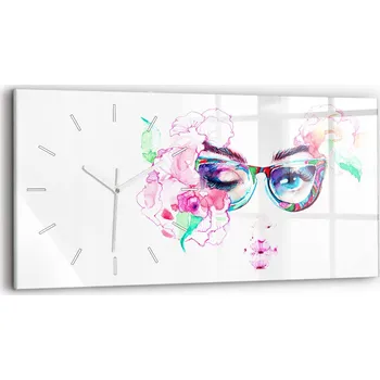 Hodiny Moderní skleněné nástěnné hodiny 60x30 cm - Žena v brýlích