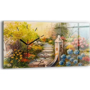 Hodiny Horizontální Skleněné Nástěnné Hodiny s Motivem Olejové Kompozice Lesa 60x30 cm