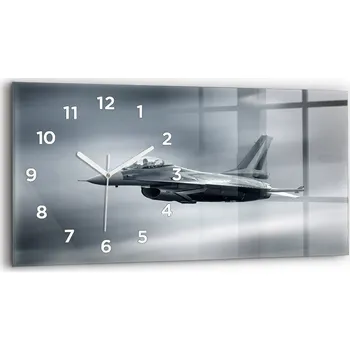 Hodiny Nástěnné Hodiny Skleněné Horizontální s Motivem Vojenského Letadla v Letu 60x30 cm