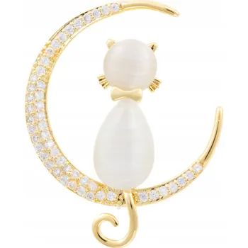 Brož PINETS Brož kočka na měsíci, pozlacená, se zirkony