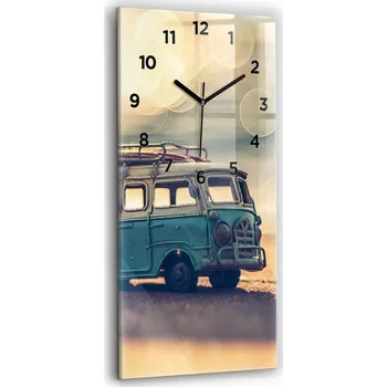 Hodiny Vertikální skleněné nástěnné hodiny do kanceláře s motivem karavanu na pláži 30x60 cm