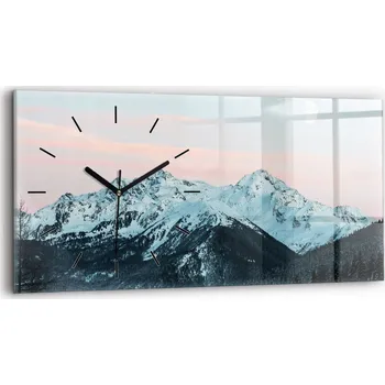 Hodiny Moderní skleněné hodiny s grafikou na zeď 60 cm x 30 cm Horské pásmo v zimě