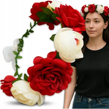 Čelenka Opaska Wianek Na Głowę Do Włosów Kwiaty Bílo-červená Květinová čelenka pro fanouška/fanynku