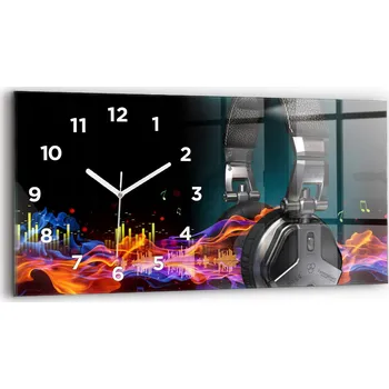 Hodiny Moderní skleněné nástěnné hodiny 60x30 cm - Sluchátka a zvukové vlny