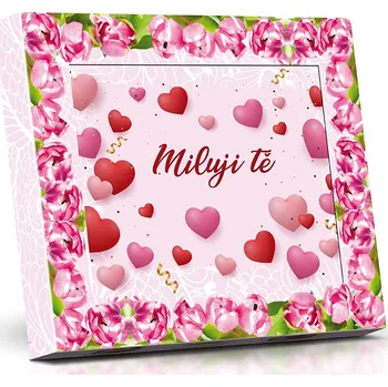 Bonboniéra Selllot, s.r.o., K Hájům 34, 155 00 Praha 5 - Vyrobeno na Ukrajině Miluji Tě - Plněné čokoládové lodičky s ořechy 125g (růžové tulipány)