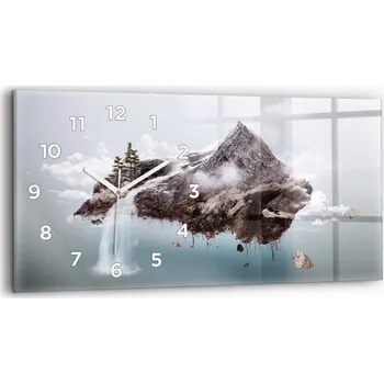 Hodiny Moderní skleněné hodiny s grafikou na zeď 60x30 cm Létající ostrov vodopád