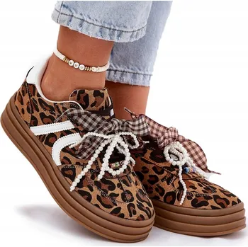 Dámská obuv DÁMSKÉ TENISKY NA PLATFORMĚ OZDOBENÉ BROŽEMI KORÁLKY ZVÍŘECÍ VZOR HNĚDÉ VEL. 38