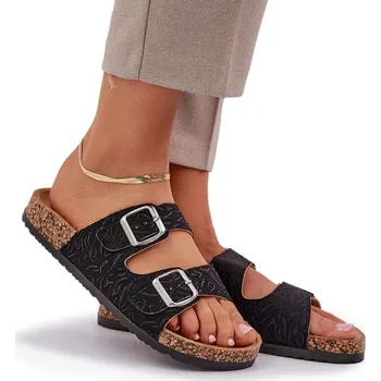 Dámské pantofle Látkové dámské NAZOUVÁKY na korkové podrážce s přezkami černé 36