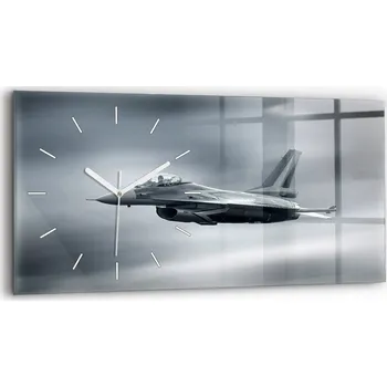 Hodiny Nástěnné Hodiny Skleněné Horizontální s Motivem Vojenského Letadla v Letu 60x30 cm