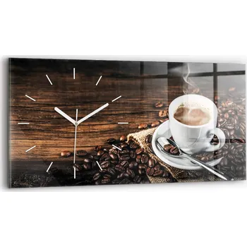 Hodiny Moderní skleněné foto hodiny na zeď 60 cm x 30 cm Šálek a zrnka kávy