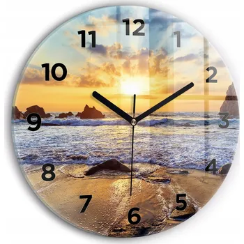 Hodiny Moderní skleněné nástěnné hodiny s potiskem Západ slunce na pláži průměr 30 cm