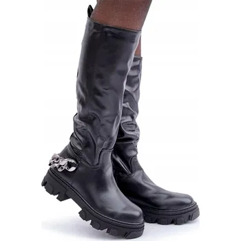 Dámské kozačky Dámské kozačky nazouvací eko kůže plochý podpatek řetízek černé 38