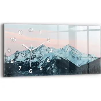 Hodiny Moderní skleněné hodiny s grafikou na zeď 60 cm x 30 cm Horské pásmo v zimě
