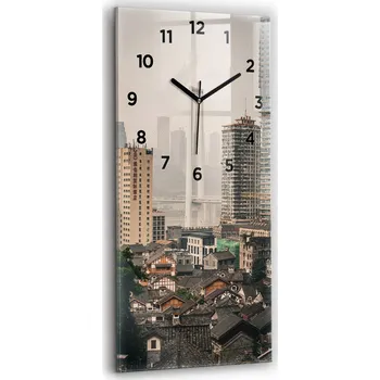 Hodiny Vertikální skleněné nástěnné hodiny s motivem Staré město v Chongqing 30x60 cm