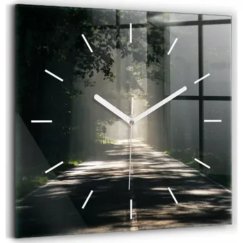 Hodiny Skleněné hodiny minimalistické nástěnné Lesní cesta a sluneční paprsky 30x30 cm