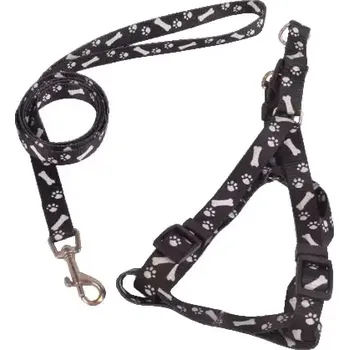 Postroj pro psa Postroj s vodítkem packy a kostičky černý 25 - 40 cm