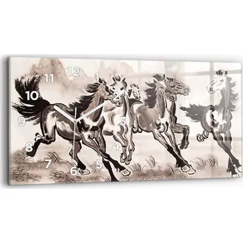 Hodiny Moderní skleněné nástěnné hodiny s potiskem 60 cm x 30 cm Cval koní