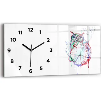 Hodiny Horizontální Skleněné Nástěnné Hodiny s Motivem Ilustrace Sovy a Hodin 60x30 cm