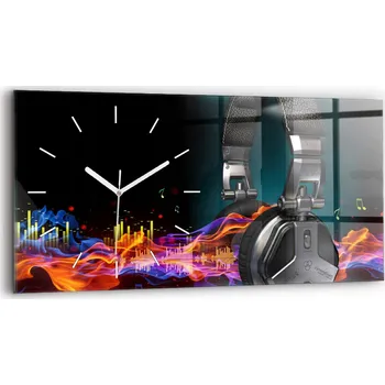 Hodiny Moderní skleněné nástěnné hodiny 60x30 cm - Sluchátka a zvukové vlny