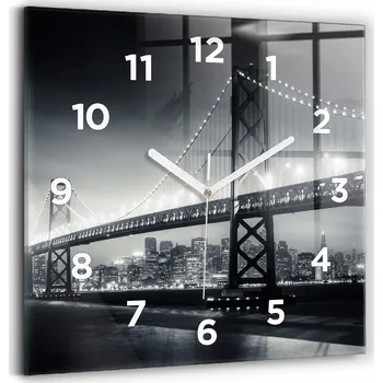 Hodiny Čtvercové Skleněné Nástěnné Hodiny s motivem Mostu v noci San Francisco 30x30 cm