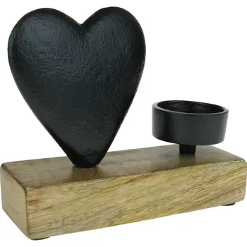 Svícen Svícen kovové srdce na dřevěném podstavci 14 cm (Svícen ze dřeva a kovu srdce)