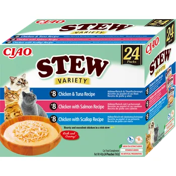 Krmivo pro kočku INABA Cat Ciao Stew - Doplňkové krmivo pro kočky s příchutí kuřete, tuňáka, lososa a hřebenatek 24x40g