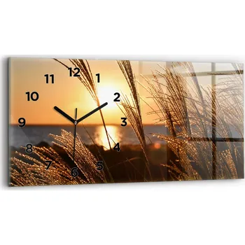 Hodiny Moderní skleněné nástěnné hodiny horizontální 60x30 cm Pšenice ve zlaté hodince