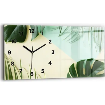 Hodiny Minimalistické Horizontální Skleněné Nástěnné Hodiny s Fotografií – Listy Monstera 60x30 cm