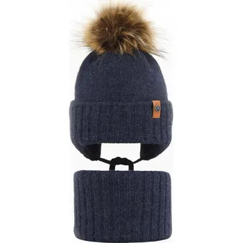 Čepice Tmavě modrá TEPLÁ zimní souprava ČEPICE na zavazování + NÁKRČNÍK 44-48 FLEECE 6 měsíců - 2 roky