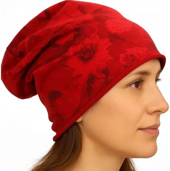 Čepice Čepice dámská Beanie italská tenká "smerfetka" červená s květinami