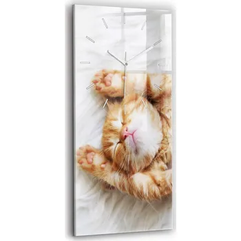 Hodiny Minimalistické skleněné nástěnné hodiny s motivem spícího kotěte 30x60 cm