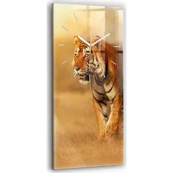 Hodiny Velké skleněné hodiny s tichým mechanismem, nástěnné, motiv Loft - Lov tygra, 30x60 cm