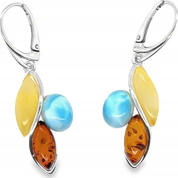 Náušnice Kolczyki srebrne z BURSZTYNEM a larimarem, anglické zapínání, visací, VIDEO