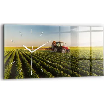 Hodiny Skleněné nástěnné hodiny do kanceláře s motivem traktoru postřikujícího pole 60x30 cm