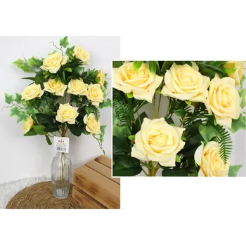 umělá květina Kytice RŮŽE výška 50 cm (10 květů 8 cm) s listy břečťanu ŽLUTÁ