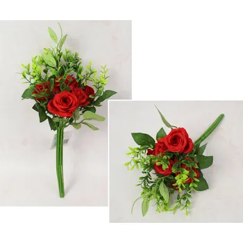 umělá květina Kytice, kytice RŮŽE s doplňky výška 33 cm, 7 stonků (7 květů 5x3 cm) ČERVENÁ