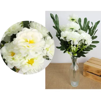 umělá květina Kytice DALIE s palmovými listy výška 48 cm 9 stonků (9 květů 8,5 cm) BÍLÁ