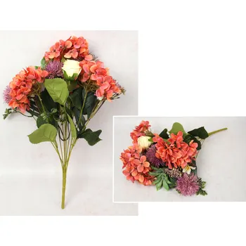 umělá květina Smíšená kytice RŮŽE, HORTENZIE, ČESNEK výška 52 cm, 12 stonků (8 květů 15-5 cm) KORALOVĚ FIALOVÁ