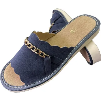 Dámské pantofle Pantofle, žabky, dámské kožené pantofle, semišové, tmavě modré se stříbrným řetízkem, velikost 36-41 (01B) – 1 pár