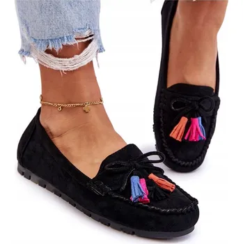 Dámské mokasíny ČERNÉ SEMIŠOVÉ MOKASÍNY S MAŠLÍ A TŘÁSNĚMI VEL. 38