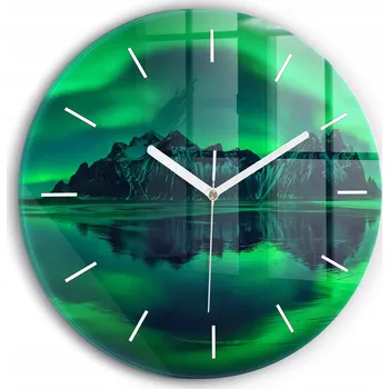 Hodiny Moderní skleněné nástěnné hodiny s potiskem Polární záře, kulatý, průměr 30 cm