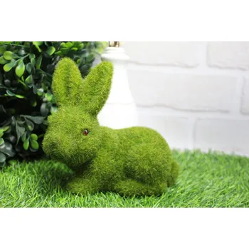 Velikonoční dekorace Ležící zajíček s flokovým povrchem 18x16 cm ZELENÝ