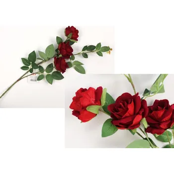 umělá květina Květina RŮŽE velur výška 75 cm (3 květy 6,5-7 cm) ČERVENÁ
