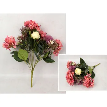 umělá květina Smíšená kytice RŮŽE, HORTENSIE, ČESNEK výška 52 cm, 12 stonků (8 květů 15-5 cm) RŮŽOVĚ-FIALOVÁ